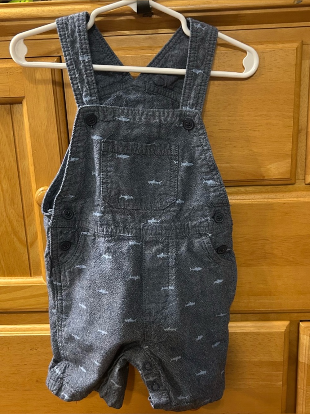 Kids Headquarters Boy's Blue Denim Overalls with Shark Print Size 24 Months